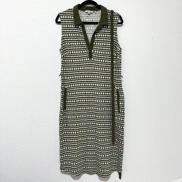 Boden Women's Sleeveless Midi Shirt Dress Pockets Tie Belt Size 10L Olive White - Picture 1 of 9